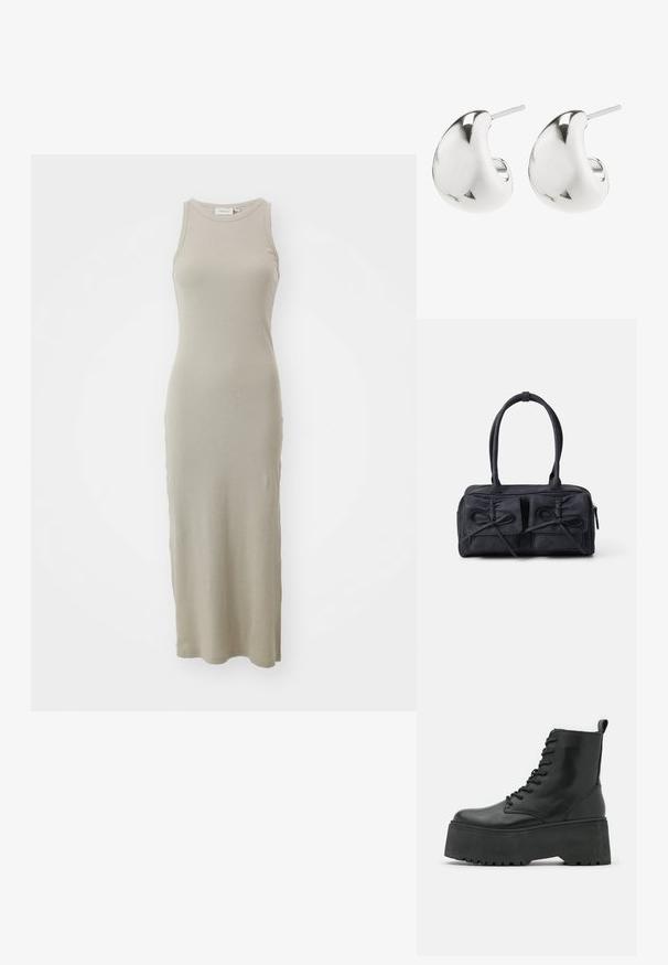 Beiges Rippstrick-Midi-Kleid mit rundem Ausschnitt und ärmellosem Design, das eine figurbetonte Silhouette und eine glatte Textur aufweist.; Schwarze Knöchelstiefel mit einer dicken Plattformsohle, aus glattem Leder gefertigt, mit Schnürdesign und einer Zuglasche hinten.; Schwarze Stoffhandtasche mit zwei vorderen Taschen, die mit Schleifendetails versehen sind, doppelten Griffen und einem Reißverschluss. Weiche Textur und rechteckige Form.; Silberne Steckerohrringe mit einem glatten, geschwungenen Design. Sie verfügen über eine polierte Oberfläche und eine Steckverschlusssicherung für sicheren Halt.