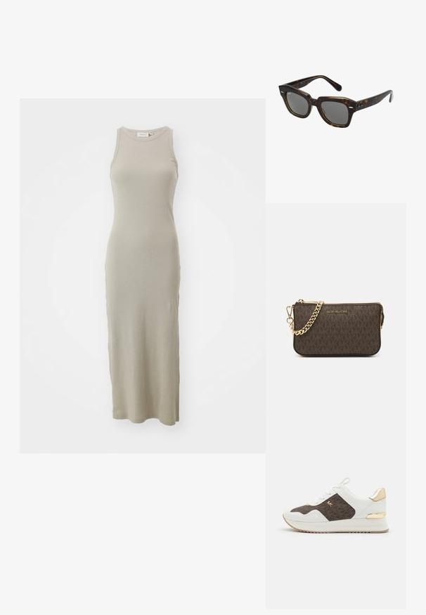 Μπεζ μίντι φόρεμα με ριμπ ύφανση και στρογγυλή λαιμόκοψη, χωρίς μανίκια, με εφαρμοστή σιλουέτα και λεία υφή.; Λευκά sneakers με καφέ υφασμάτινη επένδυση με σχέδιο, ασημί μεταλλικά αξεσουάρ, στρογγυλή μύτη, σχέδιο με κορδόνια και υφασμένο καουτσούκ σόλα.; Ορθογώνια γυαλιά ηλίου με πλαστικό σκελετό καφετί δακτυλίδι, σκούρους φακούς και ασημί λεπτομέρειες στα πλάγια. Κατασκευασμένα στην Ιταλία.; Καφέ δερμάτινη τσάντα χιαστί με σχέδιο λογοτύπου, χρυσή αλυσίδα λουριού, κλείσιμο με φερμουάρ και χρυσές μεταλλικές λεπτομέρειες. Συμπαγής και ορθογώνια μορφή.