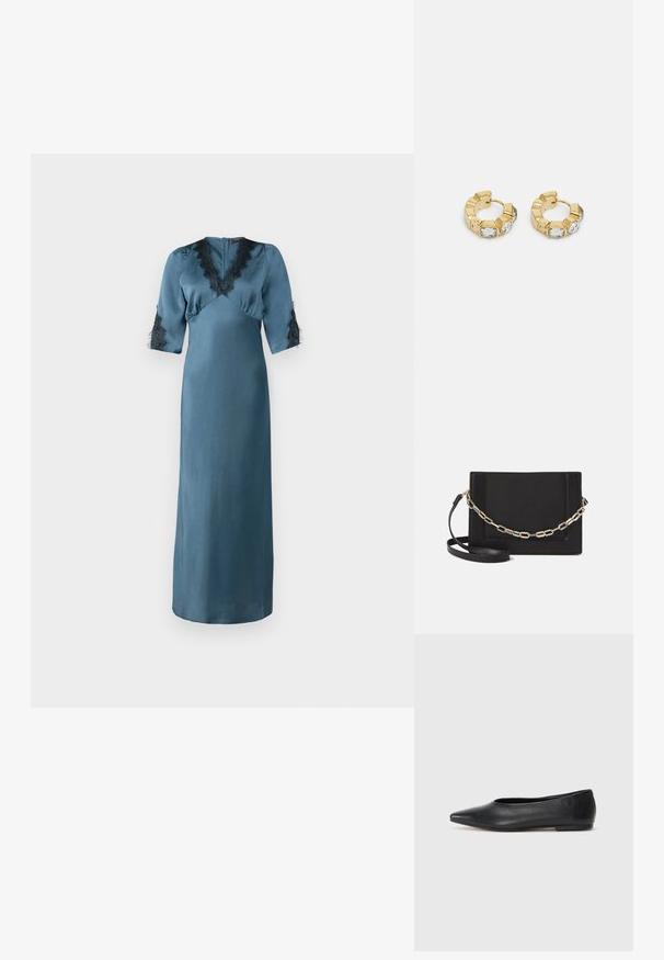 Vestido longo em teal de satém suave, apresenta um decote em V com detalhes em renda preta e mangas até ao cotovelo com acentos de renda. Design simples.; Bailarina de couro preto, bico fino, design minimalista, textura suave, salto baixo, sem hardware ou embelezamentos visíveis.; Bolsa crossbody de couro preto com uma textura suave, forma retangular e um detalhe em corrente metálica na frente. Inclui uma alça ajustável.; Brincos de argola dourados com um design texturizado e três cristais transparentes em um lado, oferecendo uma estética geométrica moderna.