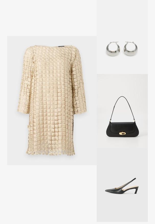 Beige, blomstermønstret kjole laget av teksturert stoff, med løs passform, trekvartlange ermer og rett kant.; Svart spiss tå slingback-sko med lav hæl, laget av jevnt skinnmateriale og med utskåret design på siden for pusteevne.; Svart lærveske med en buet design, gullfarget hardware og et håndtak på toppen. Har en elegant lukking og glatt tekstur.; Sølvmetalløreringer med en glatt, skinnende overflate og et strukturert, rundet design. Har en hengslet lås for sikker bruk.