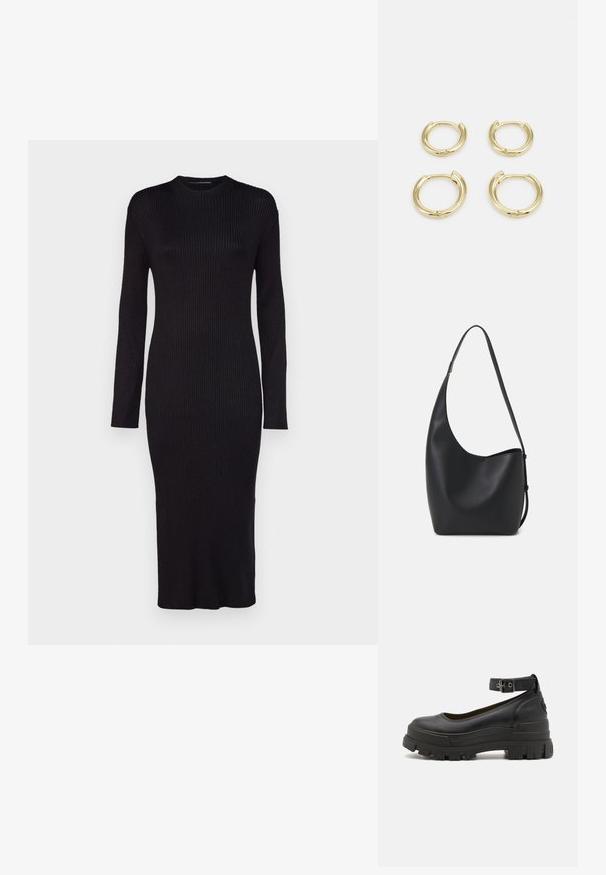 Kratke crne haljine s dugim rukavima izrađene od rebrastog trikotaža s okruglim izrezom i dužinom do sredine potkoljenice. Ima oblikovanu siluetu i teksturiranu površinu.; Buffalo ASPHA - Cipele na petu s platformom - black; Crna kožna hobo torba s glatkom teksturom, zakrivljenim oblikom i jednom podesivom trakicom; ima širok otvor na vrhu.; Zlatne kružne naušnice, četiri komada, glatka završna obrada, zaobljenog dizajna, različitih veličina, s kavljem za lako stavljanje.