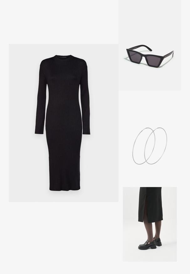 Černé pletené šaty s dlouhými rukávy, kulatým výstřihem a délku po polovinu lýtek. Mají těsně přiléhající střih a texturovaný povrch.; Černé kožené boty s kulatou špičkou, silným blokovým podpatkem a elastickými bočními akcenty, spárované s tmavými punčochami a černou sukní se rozparkem.; Černé, ostré sluneční brýle s šedými skly; vyrobené z plastu, s mohutnými rameny a hladkým povrchem bez viditelného hardwaru.; Stříbrné kruhové náušnice s minimalistickým designem. Kruh, hladký povrch a tenký profil. Lehká konstrukce s lesklým povrchem.