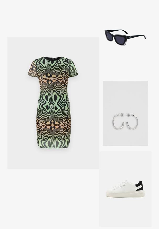 Īsām piedurkņu kleita zaļā, melnā un persiku krāsā ar griezošu rakstu. Iekļauj pieguļošu dizainu un apaļo kakla izgriezumu; izgatavota no teksturētas auduma.; Baltas ādas sporta apavi ar biezu balto zoli, melna zamša uzpura un izspiestais logotips sānos. Šņorējuma dizains ar sešiem acu caurumiem.; Melni pārmēru saulesbrilles ar ģeometrisku formu, kas aprīkotas ar tumšiem stikliem un kontrastējošu pelēku akcentu uz rāmja. Logo uz kājas.; Sudraba riņķveida auskari ar gludu, spīdīgu apdari. Apaļas formas, viegla dizaina, ar aizdari uz stieples.