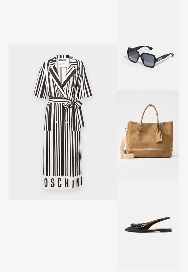 Mustvalge vertikaalsete triipudega kleit lühikeste varrukatega, vöödiga talje, topelt nupud ja ees olevad taskud. Hemmikul on "MOSCHINO" brändingu detail.; Must musta nahkkinga slingback-plätud kingad terava varbaga, nüansseeritud paelte ja kuldse tooniga riistvara rihmal.; Mustad mustad päikeseprillid hallide gradient läätsedega; sisaldab peeneid detaile ja "MOSCHINO" brändimist kollasena varre peal.; Kohvatooni seemisnahast kott, millel on kaks käepidet, eemaldatav õlavarre rihm, lukuga alumine osakond ja küljes olev pagasi silt.