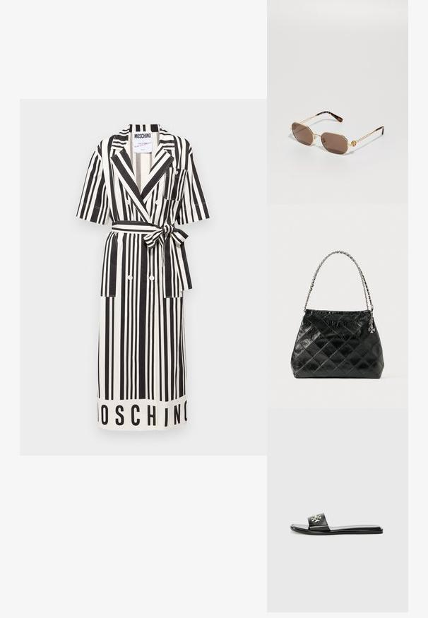 Fekete és fehér függőleges csíkos ruha rövid ujjal, övvel a deréknál, dupla gombokkal és elülső zsebekkel. A szegélyén "MOSCHINO" márkázás található.; Fekete lapos csúszó szandál szintetikus anyagból, széles pánttal, fémes logóval és sima, fényes felülettel.; Tory Burch Napszemüvegek - shiny gold-coloured; Fekete, steppelt bőr kézitáska ezüst láncos fogantyúval, strukturált kialakítással és sima textúrával.