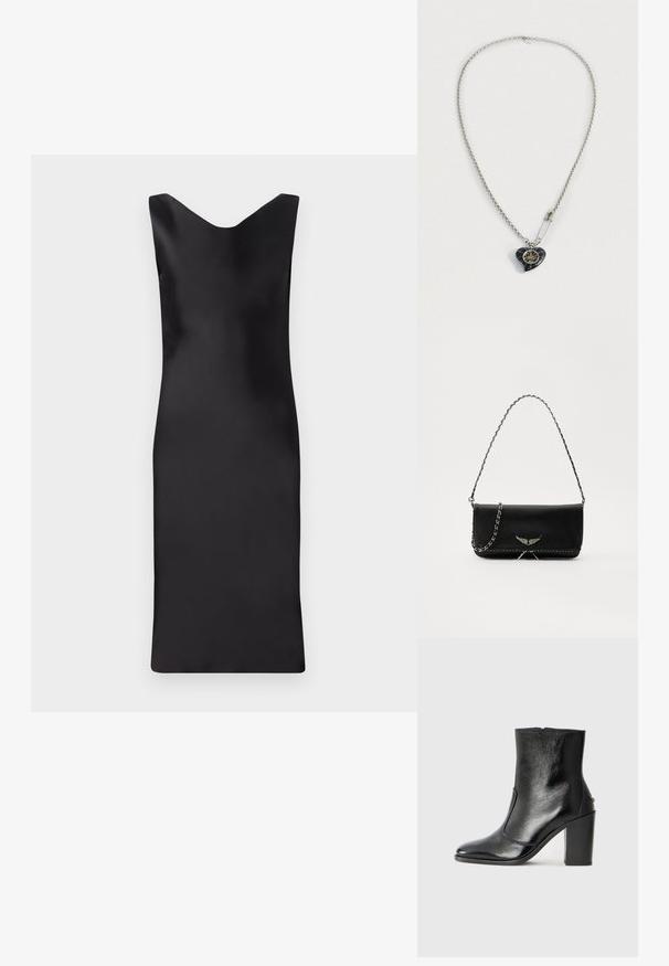 Juodas atlasinis be rankovių suknelė su V formos iškirpte, prigludusi siluetas ir iki kelių ilgio. Lygus paviršius ir minimalistiškas dizainas.; Juodas odinis kulkšninis batas su lygiu paviršiumi, smailiu pirštu ir masyviu aukštu kulnu. Savybė - šoninis atidarymas ir minimalistiškas dizainas.; Juodas odinis delninukas su sidabro spalvos grandinele, papuoštas dekoratyviniais sparnų akcentais ir balta siūle apačioje.; Sidabrinė grandinėlės vėrinys su širdies formos juodu pakabuku, puoštas auksinėmis detalėmis, šalia pakabuko pritvirtintas blizgus saugos smeigtukas.