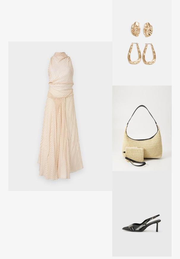 Bec + Bridge ANISE HIGH NECK DRESS - Occasion wear - butter/plum; Black patent leather slingback shoe with pointed toe, ankle straps featuring silver buckles and hardware, and a slender heel.; Woven straw handbag with a curved silhouette, featuring a smooth black leather strap and a matching small pouch attached by a wrist strap.; Gold-tone earrings featuring textured, wavy shapes. Includes sculptural clip-on studs and open hoop design with a hammered finish.