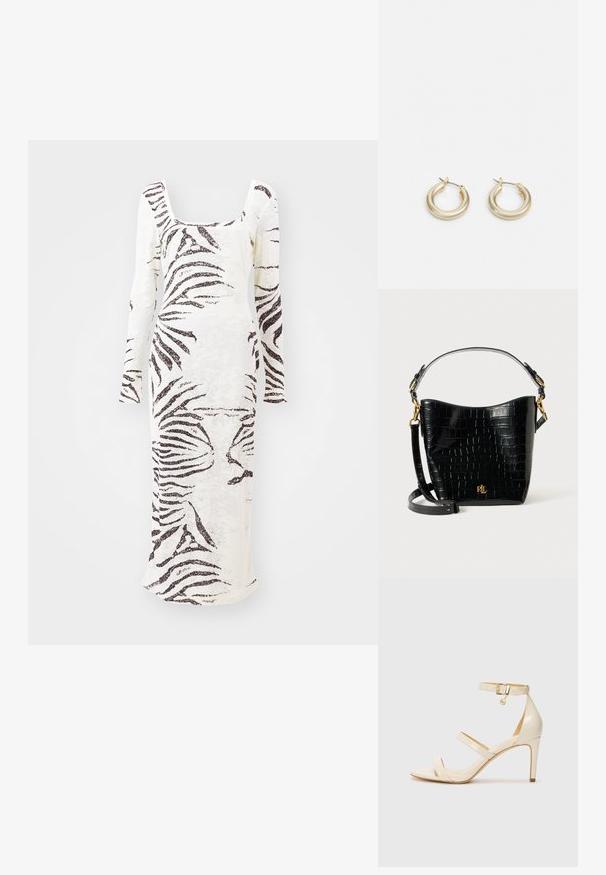 Haljina dugih rukava od bijelog materijala s crnim zig-zag uzorkom, s kvadratnim izrezom i ravnim krojem.; Bež sandale na visoku petu s tankim remenom oko gležnja i dva gornja remena. Sjajan lakirani završetak i detalj zlatne boje na remenu oko gležnja.; Crna torba od kože s uzorkom krokodila, zakrivljenog oblika, s zlatnim metalnim detaljima, podesivim remenom i logotipom sprijeda.; Lauren Ralph Lauren BASIC SMALL HOOP - Naušnice - gold-coloured
