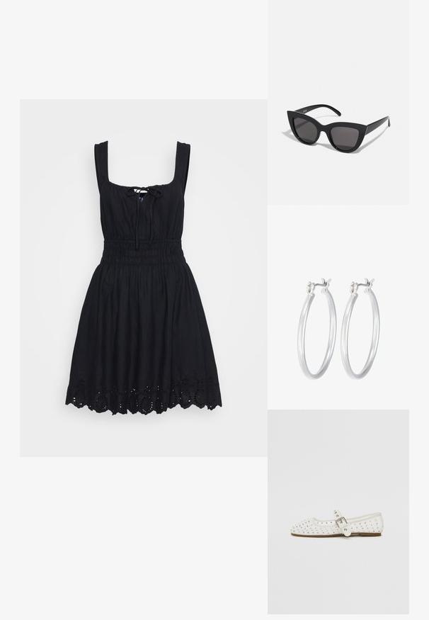 Crna bez rukava haljina s kvadratnim dekolteom, detaljem s vezanjem sprijeda, elastičnom strukom i izvezenim valovitim rubom. Materijal od pamuka ili lana.; Bijela ravna cipela s oštrim nosom, ukrašena srebrnim zakovicama, s kopčom preko gornjeg dijela stopala i svijetlosmešnim đonom.; Crne mačkaste sunčane naočale s mat završnom obradom, sivo obojeni leće, oštri kutovi i elegantne bočne ručke. Ime brenda vidljivo na unutrašnjoj strani ručke.; Srebrne kružne naušnice s glatkom, poliranom površinom. Okrugli oblik i sigurno kopčanje na klik. Lagani dizajn pogodan za svakodnevno nošenje.