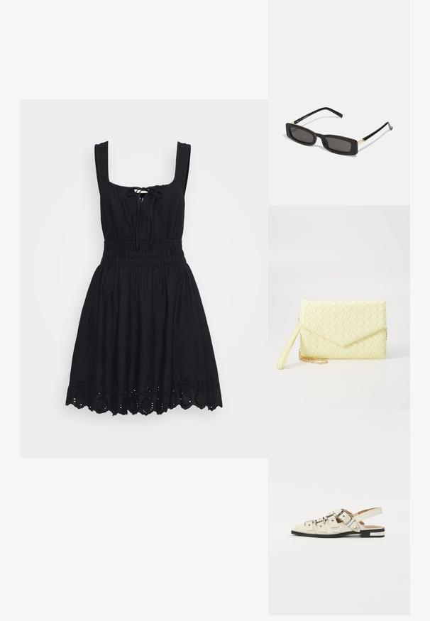 Melns bezpiedurkņu kleita ar kvadrātveida izgriezumu, saišu priekšējo detaļu, elastīgu jostasvietu un izšūtu viļņotu apakšmalu. Kokvilnas vai linu materiāls.; Baleta sandalītes baltā ādā ar vairākiem platām siksnām un sudraba sprādzēm; plakana zole ar mazu melnu papēdi un metalizētām akcentiem.; Melnas taisnstūra saulesbrilles ar tumšiem objektīviem, spīdīgām plastikāta rāmēm un zelta akcentiem tempļos. Minimalistisks dizains un eleganta forma.; Dzeltena austs kabata ar atloku dizainu, noņemamu plaukstas siksnu un zeltītu ķēdes akcentu. Gluda tekstūra un taisnstūra forma.