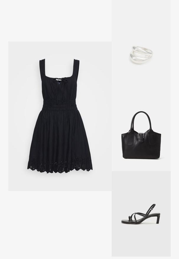 Črna brezrokavna obleka s kvadratnim izrezom, detajlom zavezovanja spredaj, elastičnim pasom in vezenim valovitim robom. Iz bombažnega ali lanenega materiala.; Črne natikače s trakovi in kvadratnim prstom ter nizkim blokastim peto. Imajo več tankih trakov in nastavljiv trak okoli gležnja. Narejene so iz gladkega usnja.; Črna usnjena torba s gladko teksturo, strukturirano obliko, dvema ročkama in izrazitim srebrnim sponko na sprednji strani.; Srebrn dvojni prstan z gladko, polirano površino. Ima tekoč, ukrivljen dizajn z prekrivajočimi se sekcijami za sodoben videz.