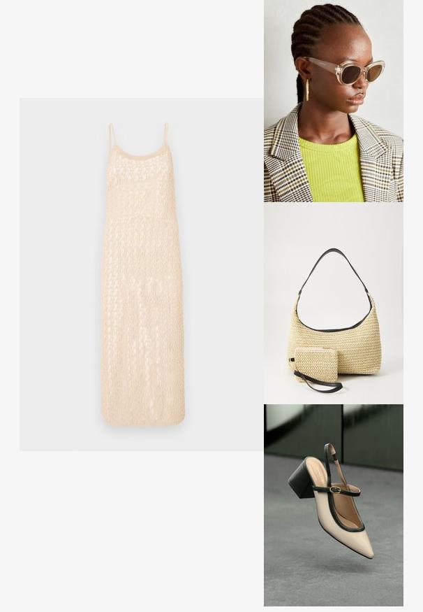 Rochie tricotată, de culoare bej deschis, cu bretele subțiri și un model de croșetat cu lucru deschis. De lungime medie, cu o croială lejeră.; Pantof divers în nuanță bej, cu vârf ascuțit, curea de susținere în spate, cu margine neagră, cataramă aurie și toc gros pe un podea gri, cu un fundal verde închis.; Ochelari de soare stil cat-eye, cu lentile maro și rame transparente. Model purtând un top verde cu textură ribbed și un sacou în carouri. Cercei rotunzi din aur.; Geantă din paie țesută, cu o siluetă curbată, având o curea din piele neagră netedă și un plic mic asortat, atașat printr-un breloc pentru încheietură.