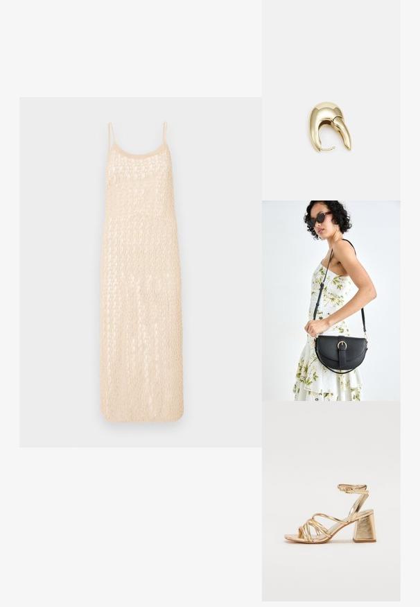 Pletena haljina u svijetlo bež boji, sa trakama za rame i otvorenim uzorkom od heklanog rada. Srednje dužine, s ležernim krojem.; Zlatne metalik sandale s potpeticom koje imaju dizajn s trakama, kvadratnu blok potpeticu i podesivu naramenicu s kopčom. Glatka tekstura.; Crna kožna torba s lukovitim oblikom, odvojivim remenom i zlatnim detaljima. Torba ima preklop s kopčom.; Zlatne metalne naušnice s elegantnim, zakrivljenim dizajnom. Imaju karakterističan šiljast oblik, poliranu površinu i zatvaranje na šarku.