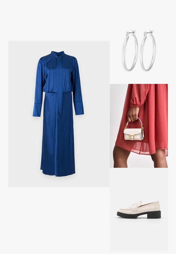 Sininen satiinimekko, jossa on pitkät hihat, korkea kaulus, vyötärö kiristettynä ja pitkä hame, jossa on sivuaukko.; Vaaleanbeige nahkaloaferit, joissa on ommeltu etuosa ja teksturoitu musta korko. Ominaisuuksiin kuuluu kaareva muotoilu ja kevyt kohotus.; Valkoinen nahkalaukku suorakaiteen muotoisena, kultaisilla yksityiskohdilla ja lyhyellä ketjukahvalla, pidetään kädessä, yhdistetty punaisen mekon kanssa.; Hope-silver rengas, joissa on sileä ja kiillotettu pinta. Pyöreä muoto ja turvallinen napsautettava lukitus. Kevyt muotoilu sopii päivittäiseen käyttöön.