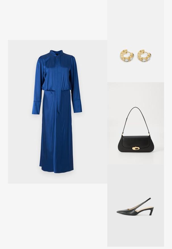Satin blauwe jurk met lange mouwen, een hoge kraag, een op maat gemaakt waist en een lange rok met een split aan de zijkant.; Zwarte puntige slingback schoen met een lage hak, gemaakt van soepel leer en voorzien van een uitsnede aan de zijkant voor ventilatie.; Zwarte leren handtas met een gebogen ontwerp, goudkleurige accenten en een bovenhandvat. Heeft een strakke sluiting en een gladde textuur.; Gouden creolen met een getextureerd ontwerp en drie heldere kristalaccenten aan één zijde, wat een moderne geometrische esthetiek biedt.