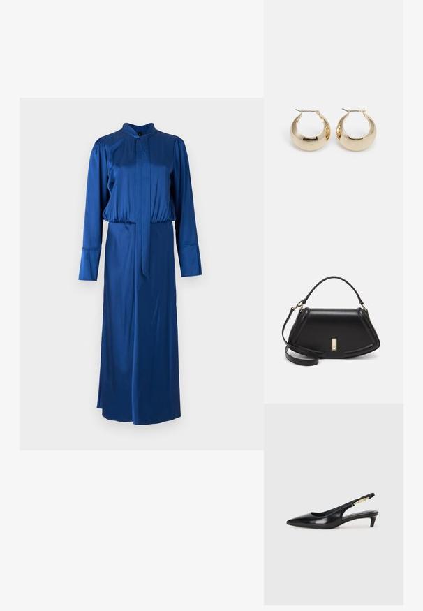 Satin blue dress featuring long sleeves, a high collar, cinched waist, and a full-length skirt with a side slit.; Black leather slingback heels with a pointed toe, featuring a slim heel and a gold-tone accent on the adjustable strap. Smooth texture.; Black leather handbag with a structured design, featuring a cropped shape, top handle, and gold hardware accent. Adjustable shoulder strap included.; Gold hoop earrings featuring a smooth, rounded design with a glossy finish. They have a thin metal post for secure fastening.
