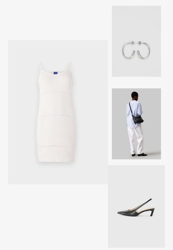 Balts adīts kleita ar plānām siksnām, pieguļošu dizainu, strukturētu rakstu un mazām atverēm horizontālās līnijās visā kleitā.; Melna, ar smailu purngalu, slingback kurpe ar zemu papēdi, izgatavota no gludas ādas materiāla un ar izgriezumiem sānos gaisa caurlaidībai.; Melna ādas plecu soma ar mīkstu tekstūru, trīsstūra formu un regulējamu siksnu, apvienota ar gaiši zilu svītrotu krekli un baltām biksēm.; Sudraba riņķveida auskari ar gludu, spīdīgu apdari. Apaļas formas, viegla dizaina, ar aizdari uz stieples.