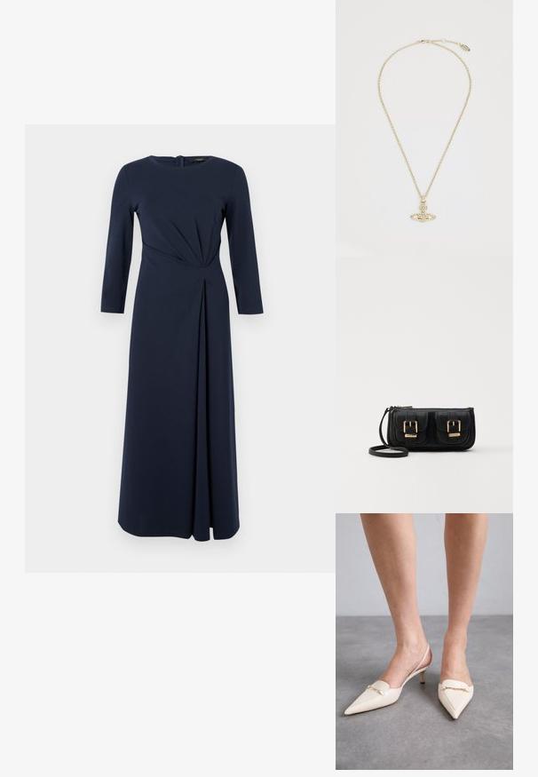 Tumši zili, garas piedurknes kleita ar apaļu kakla izgriezumu, savilkta josta un krokota svārku daļa. Izgatavota no gludas, elastīgas auduma.; Kremkrāsas, norādīta pirksta slinga papēži ar smalku vidējo papēdi, kas rotāti ar zelta ķēdes akcentu uz virsmas un gludu ādas tekstūru.; Melnas ādas crossbody soma ar divām priekšējām kabatām, zelta sprādzēm, ar rāvējslēdzēju aizdari un šauru siksnu. Strukturēta virsma un kompakta taisnstūra forma.; Vivienne Westwood MAYFAIR BAS RELIEF PENDANT - Kaklarota - gold-coloured