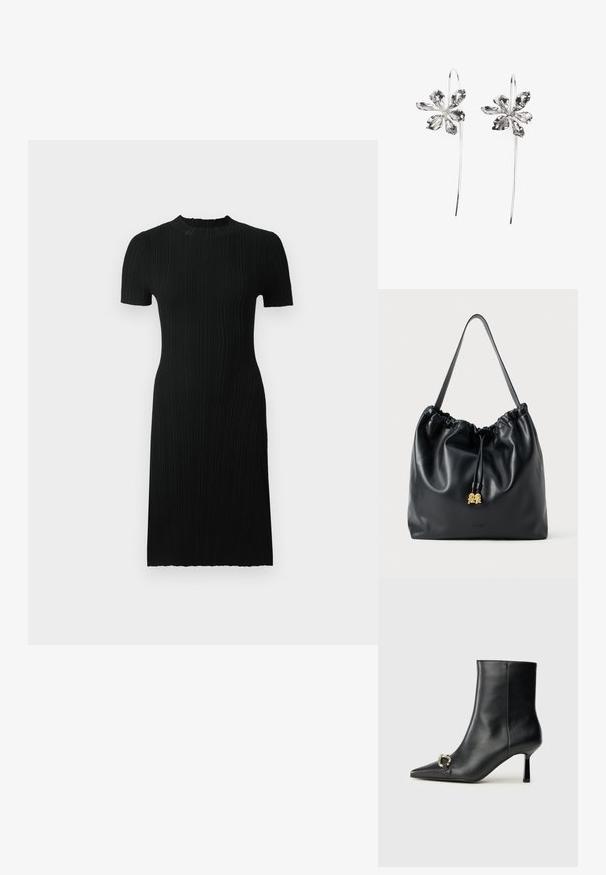 Vestido preto em tecido canelado com mangas curtas, decote redondo, silhueta ajustada e comprimento até ao joelho. Confeccionado em tecido texturizado com riscas verticais.; Bota preta de couro até ao tornozelo com bico apontado, salto slim de altura média e detalhe em fivela prateada de lado, contra um fundo simples.; Mala de cordão em couro preto com uma textura suave, topo franzido e discretos acessórios em dourado. Apresenta uma única alça resistente e um logótipo embossado.; Brincos em forma de flor prateados com um acabamento texturizado, apresentando ganchos longos e detalhes semelhantes a pétalas para um design intrincado.
