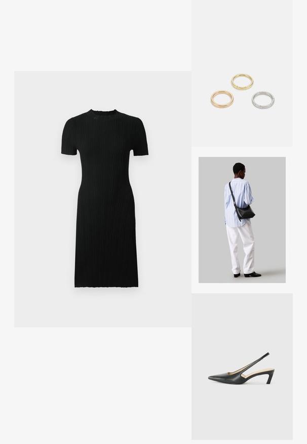 Fekete bordázott ruha rövid ujjakkal, kerek nyakkal, testhez álló sziluettel és térdlonggal. Texturált anyagból készült, függőleges vonalakkal.; Fekete, hegyes orrú, slingback cipő alacsony sarkával, sima bőrből készült, oldalt kivágott deisgnal a légáteresztőképesség érdekében.; Fekete bőr válltáska puha tapintással, háromszög alakú, állítható pánttal, világoskék csíkos inggel és fehér nadrággal párosítva.; Három fémgyűrű: az egyik rose gold, a másik texturált akcentusokkal ellátott arany, a harmadik pedig ezüst, mindegyiken gravírozott márkajelzés található a belső sávon.