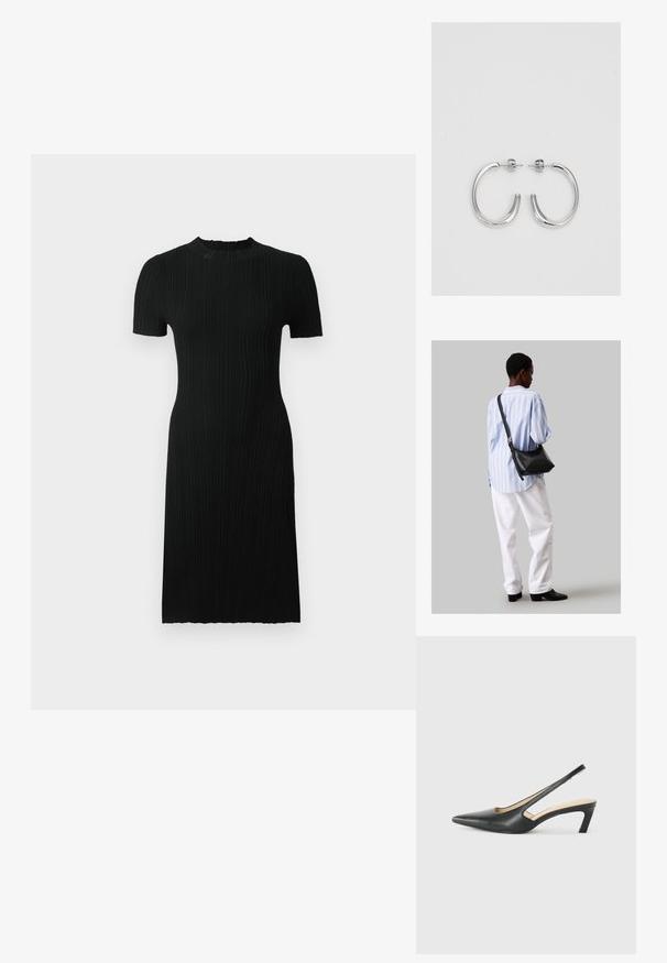 Mustmustriibuline kleit lühikeste varrukatega, ümar kaelus, keha paiknev siluett ja põlvekõrgus. Valmistatud tekstuuriga kangast, millel on vertikaalsed jooned.; Must mustaga, terav varvas, madala kontsaga sildiga king, mis on valmistatud siledast nahast ja mille küljel on lõike disain hingavuse tagamiseks.; Must have mustras alasi nahkpatsi, pehme tekstuuriga, kolmnurkse kujuga ja reguleeritava rihmaga, koos helesinise triibulise särgi ja valgete pükstega.; Hõbedased rõngaskõrvarõngad, millel on sile ja läikiv pind. Ümar kuju, kerge disain, millel on post-tagumise kinnituse süsteem.