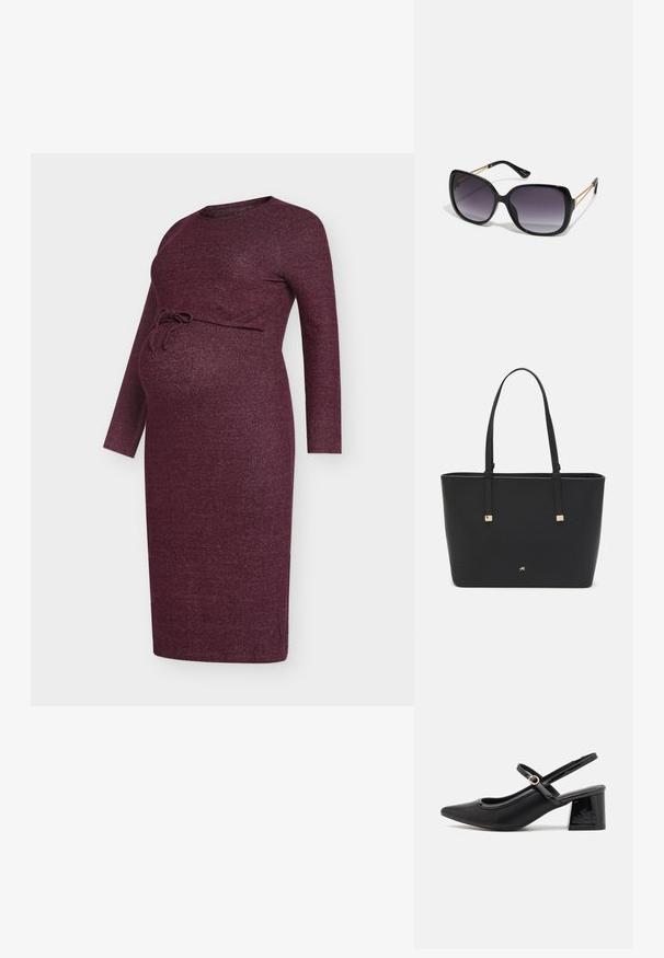 Bordoopunane rasedate kleit, valmistatud tekstuurse kudumkangast, millel on pikad varrukad ja ees rinna all seotav lukk.; Mustad läikivad nahast slingback-kõrged kontsad, millel on terav nina, ümar lõikekujundus ja blokknina. Omab kuldset nupu aktsenti.; Mustad ümarad päikeseglaasid, millel on gradient objektiivid, paksud raamid ja kuldse tooni kettaga kaunistused tempelitel.; Must musträkk, mis on valmistatud sünteetilisest materjalist, lihtsa ristkülikukujulise disainiga, kuldsete ruudukujuliste rõhutustega ja kahe käepidemega.