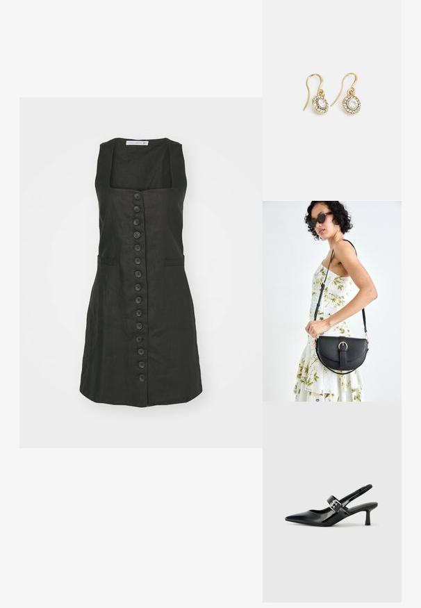 Faithfull the brand MARINIA MINI DRESS - Dnevna haljina - black; Crne lakirane slingback potpetice s oštrim prstom i malom blok petom, s naglaskom na srebrnoj kopči na remenu.; Crna kožna torba s lukovitim oblikom, odvojivim remenom i zlatnim detaljima. Torba ima preklop s kopčom.; Zlatne naušnice s ovalnim prozirnim kristalima okruženim manjim prozirnim kamenčićima, s dizajnom na kuku za sigurno nošenje.