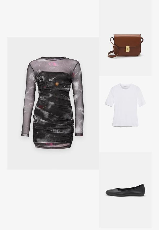 Musta pitkähihainen mekko, jossa on avaruusaiheinen printti, featuring planeettoja ja tähtiä. Valmistettu läpinäkyvästä, rypytetystä kankaasta, jossa on muotoileva siluetti.; Valkoinen lyhythihainen t-paita, joka on valmistettu ribbytedusta kankaasta. Pyöreä pääntiie, normaali istuvuus ja hienovaraiset ompeluyksityiskohdat. Ei kuvioita tai grafiikkaa.; Musta nahkainen ballerina, jossa on pyöristetty kärki, sileä pinta, minimaalinen ommelkoristelu ja joustava pohjamuotoilu.; Ruskea nahkainen käsilaukku, jossa on läppäkiinnitys, kultasävyiset yksityiskohdat, olkahihna ja sileä pinta. Kompaktin suorakaiteen muotoinen.