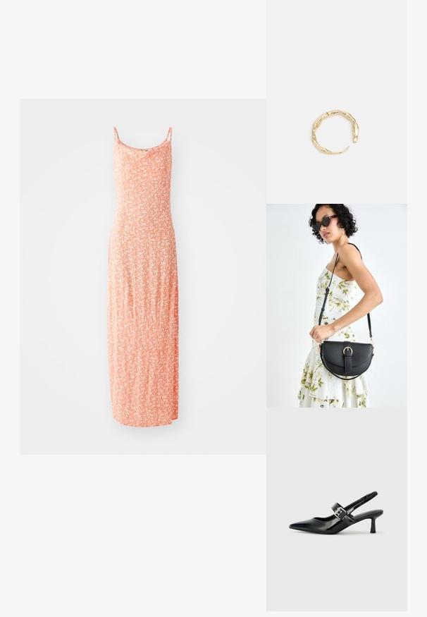 Vestido largo de suave mezcla de algodón, con un color naranja claro y un patrón floral en blanco, tirantes finos y una silueta ajustada.; Zapatos de tacón en charol negro con tira al tobillo, punta afilada y un pequeño tacón bloque, que cuentan con un acento de hebilla plateada en la correa.; Bolso de piel negra con forma curva, correa desmontable y herrajes dorados. El bolso cuenta con una solapa con un detalle de hebilla.; Anillo en tono dorado con un diseño orgánico y retorcido, con una textura suave y extremos cónicos, creando una apariencia moderna y escultórica.