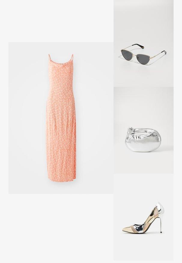 Maxi dress in soft cotton blend, featuring a light orange color with white floral pattern, thin straps, and a fitted silhouette.; Pointed-toe high heel shoe with a silver, gold, and nude color scheme. Glossy finish with cutout design, featuring a stiletto heel.; Gold metal frame sunglasses with dark lenses, cat-eye shape, and black temple arms featuring a rainbow accent on one side.; Silver metallic pouch bag with a soft, rounded shape and a knotted top closure. Made from smooth faux leather material.; Silver hoop earrings with a twisted design, featuring a polished finish and post-back closure. Measure approximately 3 cm in diameter.