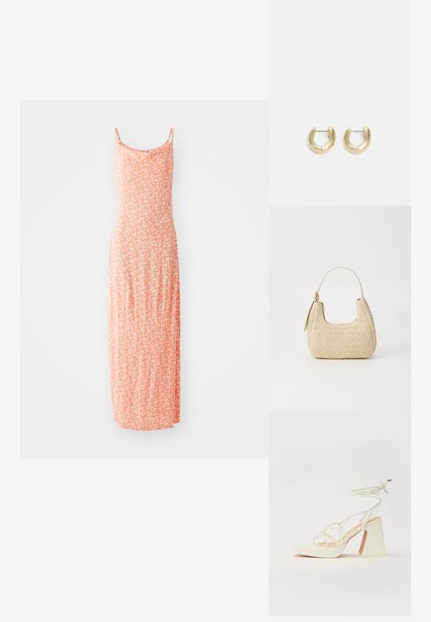 Maxi suknelė iš švelnaus medvilnės mišinio, su šviesiai oranžine spalva ir baltais gėlių raštais, plonomis petnešėlėmis ir prigludusia siluetu.; Balti aukštakulniai sandalai su masyviu kulnu, su dirželių dizainu ir kulkšnies raiščiu. Lygi tekstūra su platforma priekyje, suteikianti papildomą aukštį.; Aukšta pintinė rankinė iš šiaudų, šviesiai rudos spalvos, su išlenkta forma, trumpa rankena ir šoniniu užtrauktuku. Pasižymi tekstūruota paviršiumi ir minimalistiniu dizainu.; Auksinės tonacijos auskarai-žiedai su lygiu, poliruotu paviršiumi. Yra pusmėnulio forma ir patikimas užsegimas.