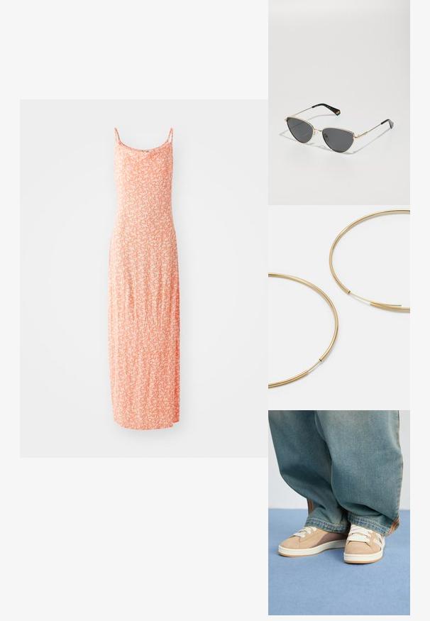 Maxi šaty z jemnej bavlnenej zmesi, s svetloružovou farbou a bielym kvetinovým vzorom, tenkými ramienkami a priliehavým strihom.; Béžové tenisky zo zamatového a textilného materiálu, s bielymi šnúrkami, svetlohnedými akcentami a textúrovanou podrážkou. Nosené s voľnými modrými denimovými nohavicami.; Slnečné okuliare s zlatým kovovým rámom a tmavými sklami, v tvare cat-eye, s čiernymi ramenami a dúhovým akcentom na jednej strane.; Zlaté kruhové náušnice, tenké a okrúhleho tvaru, s hladkým kovovým povrchom a bez ozdôb alebo vzorov.