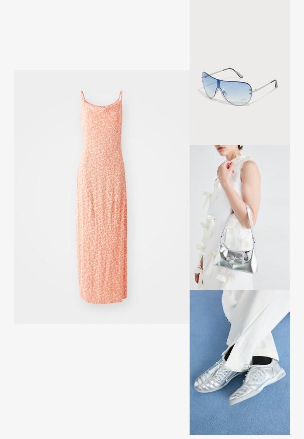 Robe maxi en doux mélange de coton, de couleur orange clair avec un motif floral blanc, à fines bretelles et à la silhouette ajustée.; Des chaussures de sport argentées avec une finition lisse et brillante, présentant un design cousu et le numéro 90 sur le côté, assorties à un pantalon blanc.; Lunettes de soleil aviateur avec des verres dégradés bleus, une monture en métal argenté et des accents décoratifs en forme d'étoile sur les verres. Design lisse et élégant.; Sac à main métallisé argenté au design structuré, avec une poignée supérieure et un détail en nœud sur le devant. Texture lisse, fini réfléchissant.