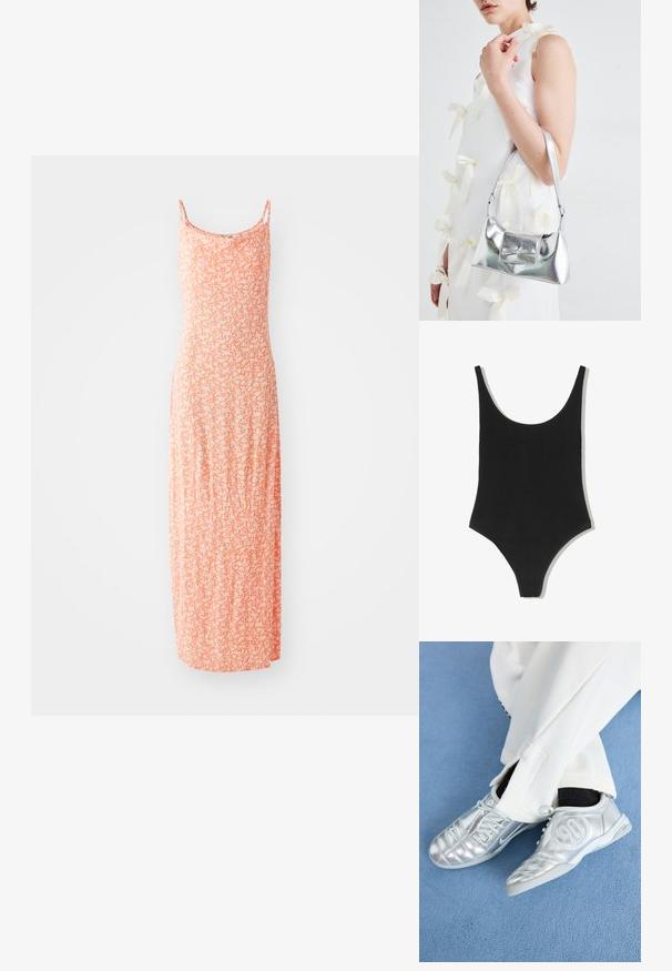 Maxikjole i blød bomuldsblanding med en lyseorange farve og hvidt blomstermønster, tynde stropper og en tætsiddende silhuet.; Sort badedragt med scoopudskæring, sømløs design og højt skårede benåbninger, lavet af et glat, tekstureret stof.; Sølv athletic sko med en glat, skinnende finish, der har et syet design og nummer 90 på siden, parret med hvide bukser.; Sølvmetallic håndtaske med en struktureret form, der har et topgreb og en sløjfedetalje på forsiden. Glat tekstur, reflekterende finish.