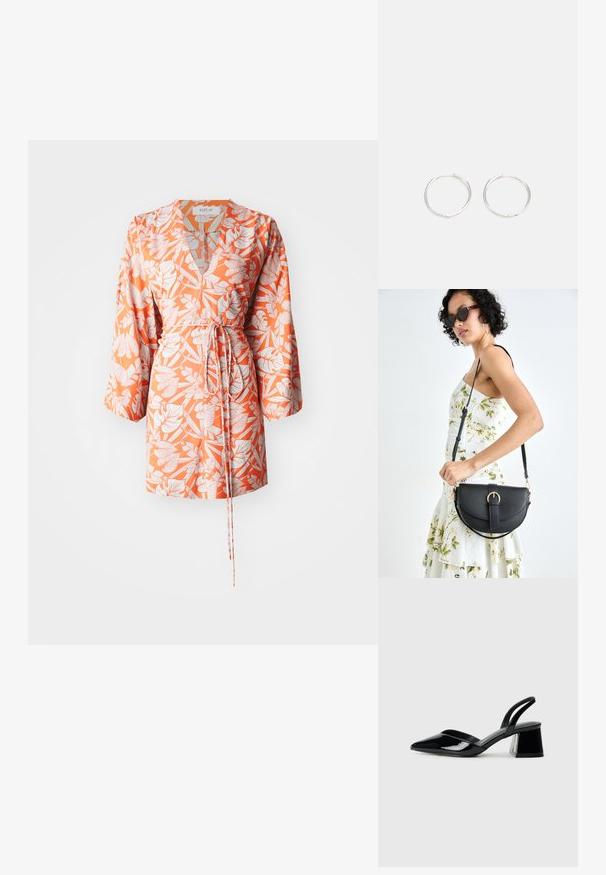 Īsa kimono stila kleita oranžā audumā ar baltām tropisko lapu detaļām, ar garām piedurknēm un jostas sieniņu, kas nodrošina regulējamu fit.; Melna lakota āda ar atvērto papēdi, ar smailu purngalu un ģeometrisku blokpapēdi. Iezīmējas elegants, minimāls dizains un gluda tekstūra.; Melnas ādas rokassoma ar izliekta formu, noņemamu siksnu un zelta aksesuāriem. Somai ir vāciņš ar sprādzes detaļu.; Sudraba riņķa auskari ar elegantu, apaļu dizainu, kas izceļas ar gludu virsmu un bez redzamām rotājumām. Diametrs netiek norādīts.