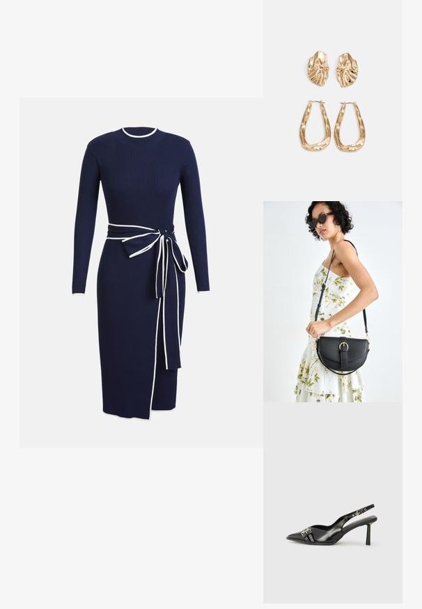 Jūras zilas ribotas adījuma kleita ar garām piedurknēm, apaļu dekoltē un baltu apdari. Iespējo sasietu jostu jostasvietā un sānu šķēlumu detaļām.; Melnā patentēta ādas sandale ar norādītu purngalu, potītes siksniņām ar sudraba sprādzēm un aparatūru, kā arī smalku papēdi.; Melnas ādas rokassoma ar izliekta formu, noņemamu siksnu un zelta aksesuāriem. Somai ir vāciņš ar sprādzes detaļu.; Zelta krāsas auskari ar teksturētām, viļņotām formām. Iekļauts skulpturāls piespraužams modelis un atvērta gredzenveida konstrukcija ar izsistām virsmām.