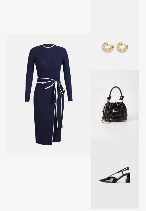 Vestido de malha canelada azul marinho com mangas longas, decote redondo e acabamento branco. Apresenta um cinto atado na cintura e uma fenda lateral para detalhe.; Sapatos de salto alto em couro verniz preto, com biqueira pontiaguda, tira ajustável e salto retangular robusto.; Mala mini preta de lantejoulas com uma alça texturizada em nó e corrente prateada. Forma arredondada com parte superior pregueada e detalhes reflexivos.; Brincos de argola dourados com um design texturizado e três cristais transparentes em um lado, oferecendo uma estética geométrica moderna.