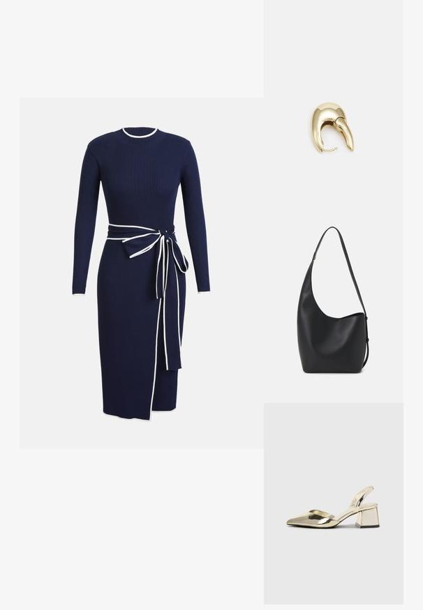 Vestido de punto acanalado en color azul marino con mangas largas, escote redondo y ribete blanco. Presenta un cinturón atado en la cintura y una hendidura lateral como detalle.; Tacones slingback metálicos dorados con punta afilada y tacón grueso. Textura suave, diseño minimalista y una correa estrecha.; Bolso tipo hobo de cuero negro con una textura suave, forma curvada y una sola correa ajustable; presenta una amplia apertura en la parte superior.; Pendiente de metal en tono dorado con un diseño elegante y curvado. Presenta una forma puntiaguda distintiva, superficie pulida y cierre de bisagra.