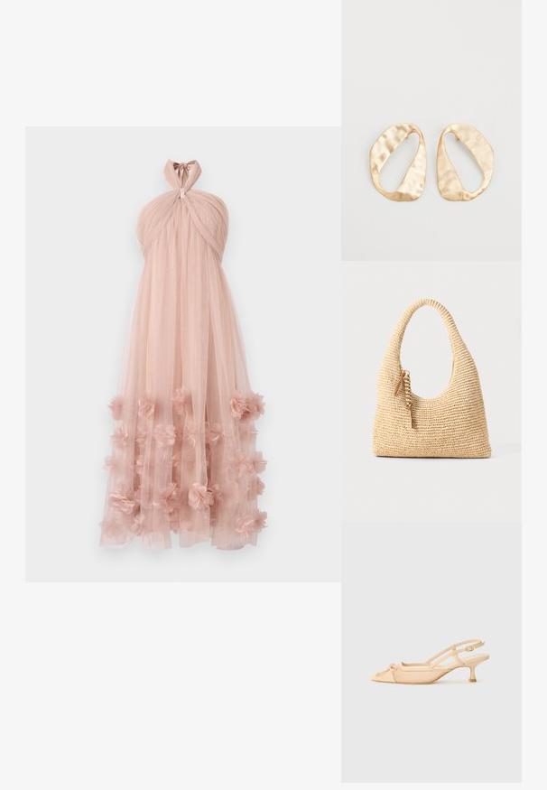 Vestido de alças drapeadas em tule rosa suave, apresentando aplicações florais em camadas na bainha, criando uma aparência delicada e texturada.; Stuart Weitzman KITTY - Saltos clássicos - beige/barely beige; Bolsa bege trançada com uma alça curva, superfície texturizada e detalhe de franjas castanhas. Apresenta um formato descontraído e estilo hobo.; Par de brincos irregulares em forma oval, feitos de metal dourado, com uma superfície texturizada e ligeiramente martelada, sobre um fundo branco.