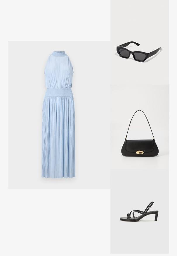 Šviesiai mėlyna, be rankovių midi suknelė su raukiniais ir surinkta talija. Dizainas turi aukštą apykaklę ir sklandžiai krintančią sijoną.; Juodi šlepetės su kvadratiniu pirštu ir žemu bloku kulnu. Yra keli ploni dirželiai ir reguliuojamas kulkšnies diržas. Pagaminti iš lygios odos.; Juoda stačiakampio formos saulės akiniai su storiu rėmu, tamsiais objektyvais ir kampuotu dizainu. Lygus plastiko paviršius be matomų raštų ar akcentų.; Juodas odinis rankinės su išlenktu dizainu, auksinių atspalvių furnitūra ir viršutine rankena. Savybės - stilingas uždarymas ir glotni tekstūra.