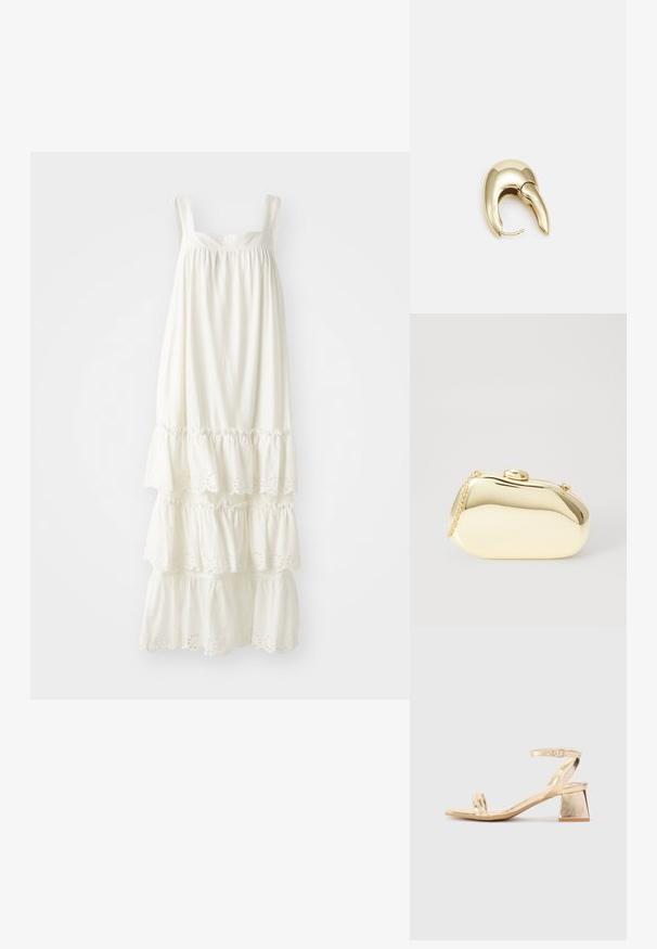 Bílá slunečnicová šaty se dvěma ramínky, zdobené vrstvenými volány na lemu a vyšívanými detaily. Vyrobeno z lehkého materiálu.; Zlaté metalické sandály na podpatku s ostrým blokovým podpatkem, dvěma pásky přes nohu a nastavitelným páskem kolem kotníku. Hladká textura.; Metalická zlatá kabelka s hladkým, zaobleným tvarem, opatřená horním zapínáním na knoflík a malým řetízkovým popruhem pro nošení.; Náušnice ve zlatém tónu z kovu s elegantním zakřiveným designem. Vyznačují se jedinečným špičatým tvarem, lesklým povrchem a závěsem na kloub.