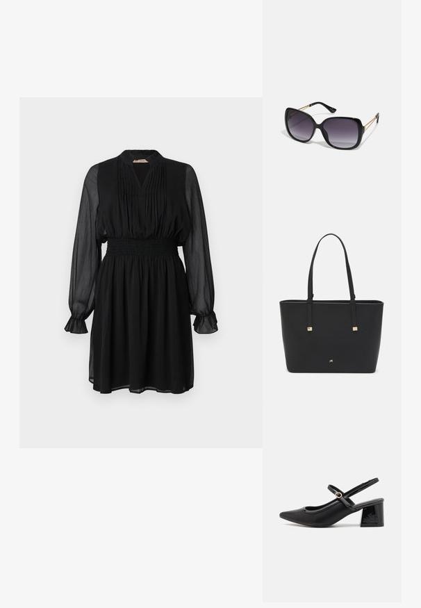 Melnas kleitas ar garām caurspīdīgām piedurknēm, plektveida kakla izgriezumu, savilktu jostasvietu un izpletētu svārku. Audumam ir viegla, teksturēta izskata virsma.; Melns patentēts ādas sandales ar norādīta pirksta formu, noapaļotu izgriezuma dizainu un bloķētu papēdi. Iezīmēta ar zelta toņa sprādzi.; Melni pārmērīgi lieli saulesbrilles ar gradāciju lēcām, biezām rāmja malām un zeltainas krāsas ķēžu detaļām uz tempļiem.; Melnā somiņa, kas izgatavota no sintētiska materiāla, ar vienkāršu taisnstūra formu, zelta kvadrātveida akcentiem un divām rokturiem.