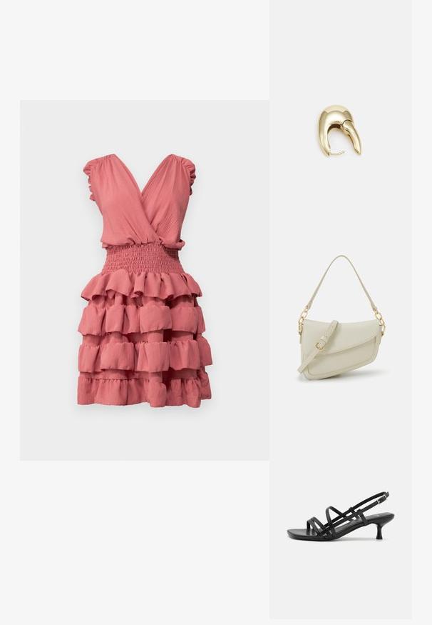 Růžové sluneční šaty s překládaným výstřihem do V, balónovými rukávy a nabíraným pasem. Sukně má vrstvené volány, což zvýrazňuje texturovaný vzhled.; Černé sandály na podpatku s několika křížovými pásky. Hladký materiál, špičatá špička a úzký podpatek. Nastavitelný pásek kolem kotníku s přezkou.; Malá krémová kabelka s texturovaným povrchem, dlouhým nastavitelným popruhem, řetízkovým akcentem a klopou. Ozdobné detaily zlaté barvy.; Náušnice ve zlatém tónu z kovu s elegantním zakřiveným designem. Vyznačují se jedinečným špičatým tvarem, lesklým povrchem a závěsem na kloub.