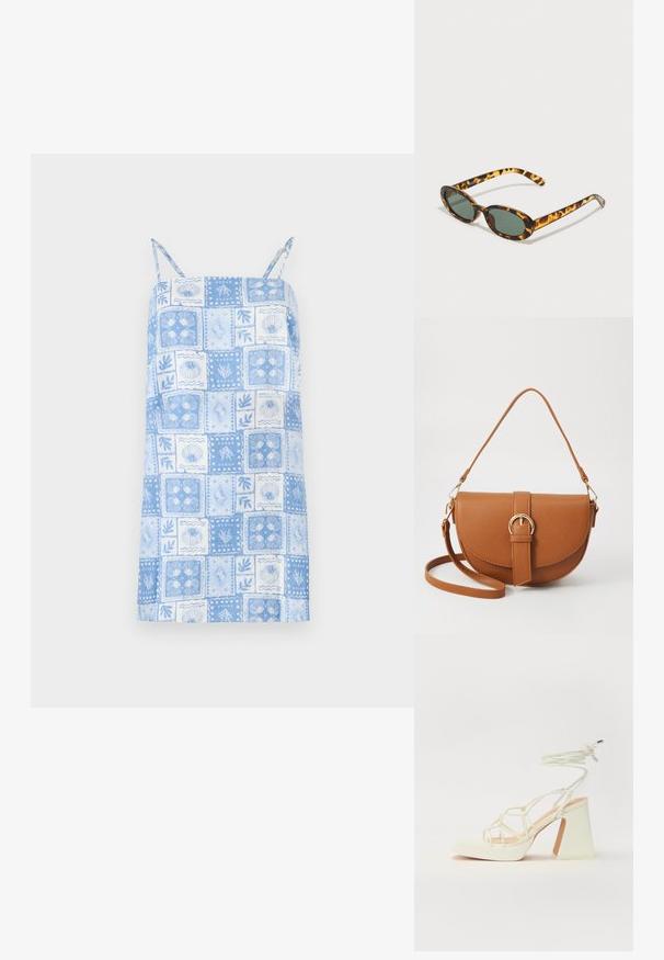 Vestido sem mangas azul claro com design de patchwork quadrado, apresentando padrões florais e de conchas, alças ajustáveis e bainha reta.; Sandálias brancas de salto alto com um salto robusto, apresentando um design com tiras e amarração no tornozelo. Textura suave com uma plataforma na frente para altura adicional.; Óculos de sol de tartaruga com armações ovais, lentes verde-escuras e hastes delgadas. Apresenta um logótipo subtil na haste.; Bolsa transversal de couro castanho com um formato curvado, ferragens douradas e um detalhe de fivela. Inclui uma alça de ombro destacável.