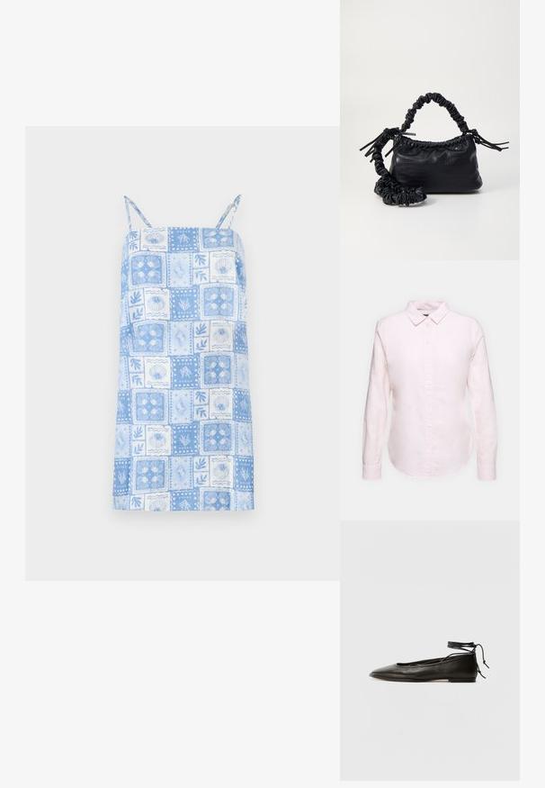 Šviesiai mėlyna be rankovių suknelė su kvadratiniu aplikacijos dizainu, kuriame yra gėlių ir kriauklių raštai, reguliuojamos petnešos ir tiesi apdaila.; Šviesiai rožinė ilgom rankovėm marškiniai su užsegamu apykakle, turintys tiesią apatinę kraštinę ir minkštą tekstūrą, pagaminti iš lengvo medvilnės audinio.; Juodi odiniai balerinų bateliai su smailiu pirštu, kulkšnies raiščiu ir plokščiu padu, pasižymintys lygiu paviršiumi ir minimalizmo dizainu.; Juodas dirbtinės odos rankinė su krokodilo tekstūra, sušnibždinta viršuje ir susikraipytu dirželiu. Atrodo minkšta ir kompaktiška.