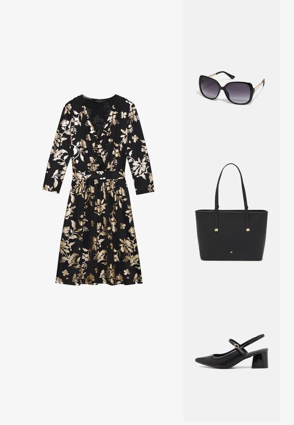 Robe noire avec un motif floral doré, présentant un col en V, des manches longues et une taille cintrée. Tissu lisse avec une silhouette évasée fluide.; Escarpins slingback en cuir verni noir avec un embout pointu, un design à découpes arrondies et un talon carré. Présente un accent de boucle en ton doré.; Lunettes de soleil noires surdimensionnées avec des verres dégradés, monture épaisse et détails en chaîne dorée sur les branches.; Sac fourre-tout noir en matériau synthétique, avec un design rectangulaire simple, des accents carrés dorés et des doubles poignées.