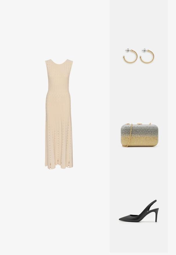 Ärmelloses, knielanges Kleid aus leichtem beigefarbenem Strickstoff. Verfügt über strukturierte vertikale Streifen und kleine Ausschnittmuster im gesamten Design.; Schwarze Leder Slingback High Heels mit einem spitzen Zehendesign, das an der Vorderseite ein Ausschnitt hat und einen dünnen Stilettoblock. ; Mascara Clutch - gold-coloured/silver-coloured; Goldene Creolen mit einem gedrehten Seil-Design, silbernen Stegen und quadratischen Akzenten. Glatte metallische Oberfläche mit poliertem Finish.