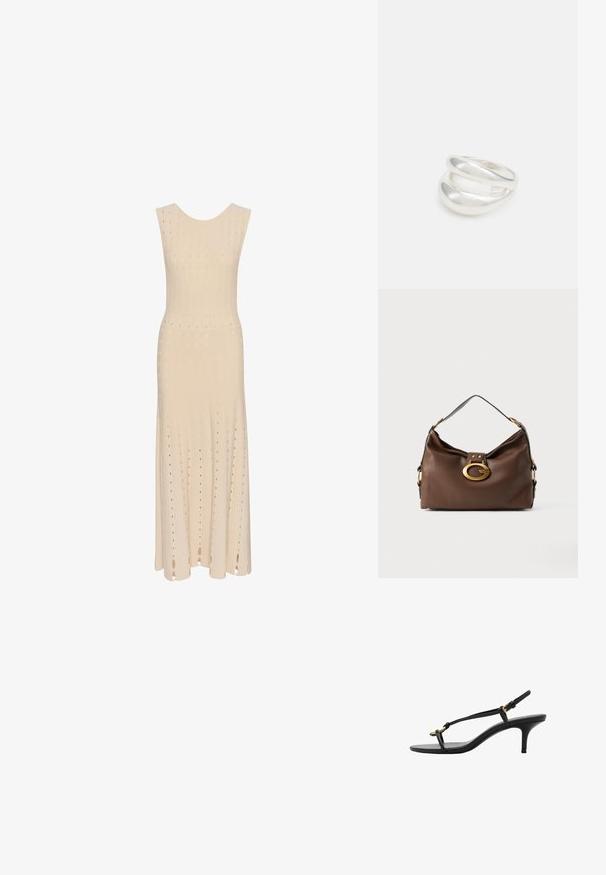 Abito senza maniche, di lunghezza al ginocchio, in tessuto knitted beige chiaro. Presenta strisce verticali testurizzate e piccoli motivi a intaglio in tutto il capo.; Sandal con zeppa kitten nera in pelle, con sottili cinturini, fibbia dorata e una minimalista fascetta per le dita su sfondo bianco.; Borsa a mano in pelle marrone con una finitura testurizzata, dotata di un gancio in metallo dorato e di una singola tracolla curva.; Anello doppio in argento con superficie liscia e lucida. Presenta un design fluido e curvo con sezioni sovrapposte per un aspetto moderno.