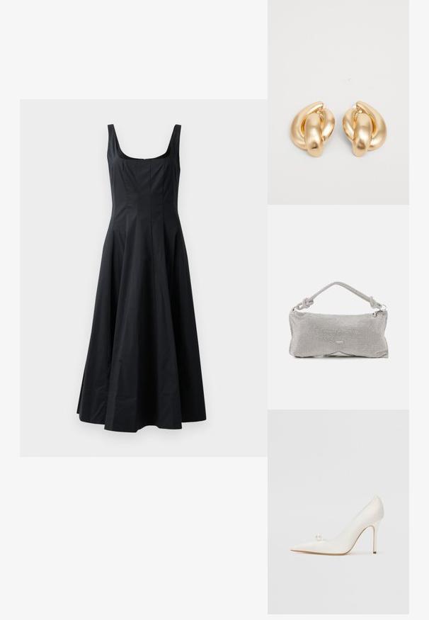 Crna haljina bez rukava s oblikovanim korzetom, lepršavom suknjom i glatkom teksturom. Ima kvadratni dekolte i doseže do sredine listova.; Bijela cipela s visokim potpeticama sa špicastim vrhom i sjajnim završetkom, koja ima ukrasni detalj od bisera sa strane i vitku štiklu.; Metalna mrežasta torba za rame u srebrnoj boji, s čvorastim ručkom, zatvaranjem na patentni zatvarač i geometrijskim oblikom tijela s glatkom teksturom.; Nakit od zlatnog metala s ušicama koje imaju uvijeni dizajn s glatkom, sjajnom površinom i zaobljenim oblicima. Svaka ušica mjeri otprilike 5 cm.