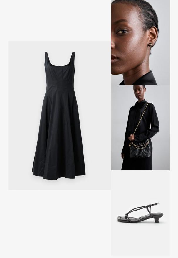 Črna brezrokavna obleka z oprijetim zgornjim delom, razširjenim krilom in gladko teksturo. Ima kvadratno izreznico in sega do sredine meč.; Črne usnjene sandale s tankimi trakovi, nizko blok peto in kvadratnim nosom. Značilnosti vključujejo sponko in gladko teksturo.; Črna prešita usnjena torbica z nabranim vrhom, zlatim verižnim naramnikom in pravokotno obliko, držana na enolični podlagi.; Zlati cvetni uhani s teksturiranim črnim središčem in nežnimi detajli. Omenjen model ima jasno kožo in spletene lase, kar je vidno v profilu.